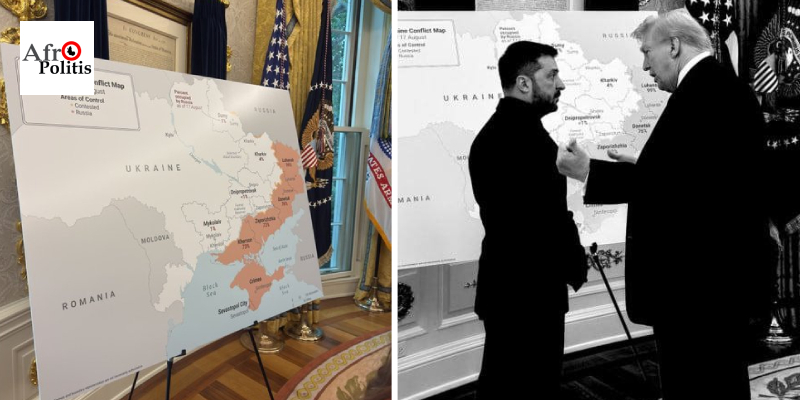 Carte Russia-Ukraine Conflict Map 2025 dans le Bureau ovale, montrant Trump présentant la nouvelle Ukraine à Zelensky, avec territoires contrôlés par la Russie en orange, publiée par AfroPolitis